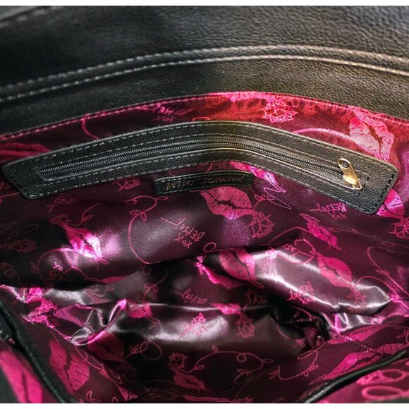 Betsey Johnson Striped Tote Bag With Red Handles And Tassel Charm Black & White - Picture 11 of 11